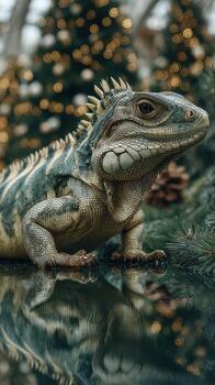 Close-up view of a lizard resting among greenery with festive lights in the background during evening hours photo