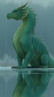 Majestic green dragon resting by a frozen lake in a serene, misty landscape photo