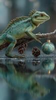 Unique lizard perched on a branch with Christmas ornament and pine cones in winter setting photo