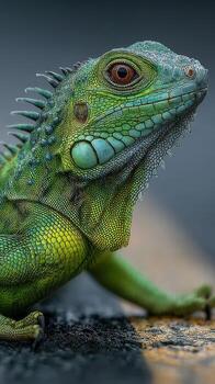 Vibrant green lizard resting on a textured surface in a natural light setting photo