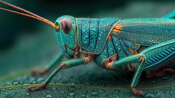 Vibrant blue grasshopper on green leaf showcasing intricate details in natural habitat photo