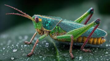 Colorful grasshopper resting on a leaf adorned with dew drops in a lush green environment photo