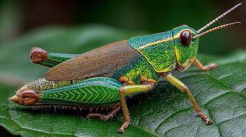 Colorful grasshopper resting on green leaf in natural habitat during daylight hours photo