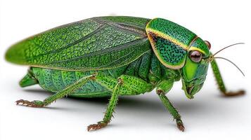 Green grasshopper with detailed texture resting on a surface in a well-lit environment during daytime photo
