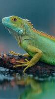 Colorful lizard perched on a log near the water in a misty forest during early morning photo