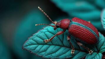 Colorful beetle perched on a vibrant green leaf in a lush environment during daytime photo