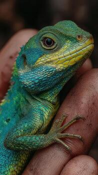 Brightly colored lizard being gently held by a person's hand in a natural setting photo