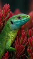 Colorful lizard resting among vibrant red flowers in a natural setting during the day photo