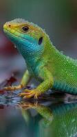 Colorful lizard basking on a leaf in the early morning light by the water photo