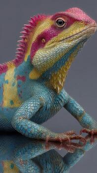 Colorful lizard with vibrant patterns resting on a reflective surface in a neutral setting photo