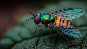 Colorful fly resting on a green leaf in a vibrant natural setting during daylight hours photo