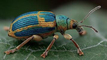Colorful beetle walking on a leaf under natural light in a vibrant green environment photo