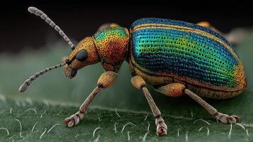 Colorful close-up of a metallic beetle on a green leaf showcasing intricate details and vibrant colors in natural settings photo