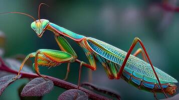 Vibrant mantis perched on a leaf in a lush garden during a warm summer afternoon photo