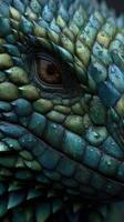 Detailed close-up of a striking green and blue lizard in a tropical setting during the day photo