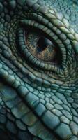 Close-up of a blue-green lizard's eye and scales showcasing intricate textures in a natural habitat setting photo