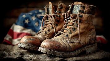 Worn work boots on burlap fabric next to vintage American flag in a rustic setting photo