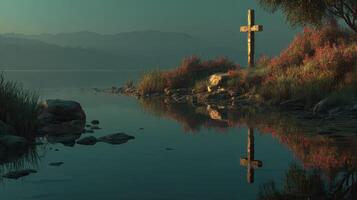 Nature landscape with a wooden cross reflecting in calm waters near a colorful shore at dawn photo