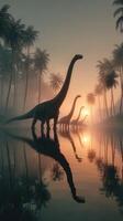 Dinosaurs silhouetted against a serene sunset in a misty prehistoric landscape photo