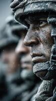 Military soldiers wearing helmets prepare for action in a rain-soaked environment during training exercises photo