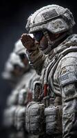 Soldiers in winter gear saluting during a ceremonial event in a cold, snowy environment photo
