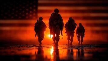Soldiers march towards a setting sun with an American flag backdrop in a powerful display of patriotism and bravery photo