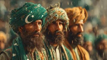 Men in traditional attire with patterned turbans stand together during a cultural event in Pakistan on a rainy day photo