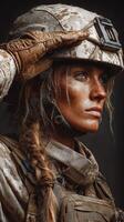 Female soldier saluting with determination and pride in military uniform during a training session photo