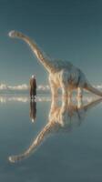 Giant dinosaur stands in serenity as a figure observes the tranquil landscape at dusk photo