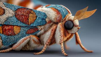 Close-up view of a colorful moth showcasing intricate patterns and textures during a quiet evening photo
