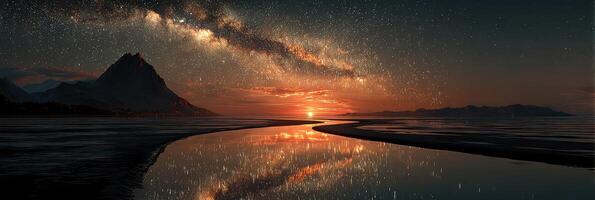 Stunning sunset reflecting in tranquil waters beneath a starry milky way sky photo
