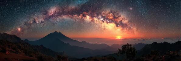 Stunning view of the Milky Way arching over a volcanic mountain at dawn in a serene landscape photo