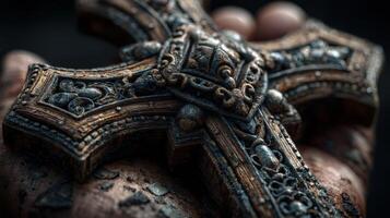Detailed close-up of an ornate, ancient cross held in a weathered hand with symbolic elements in dim lighting photo