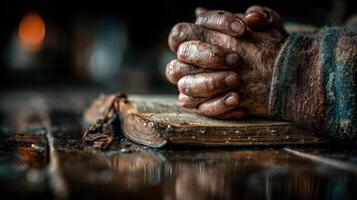 Hands clasped over an old book resting on a wooden table in a dimly lit room filled with history photo