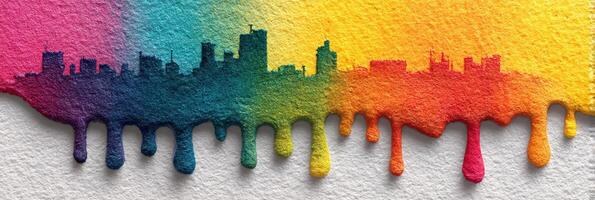 Colorful city skyline blending into vibrant paint drips against a textured background photo
