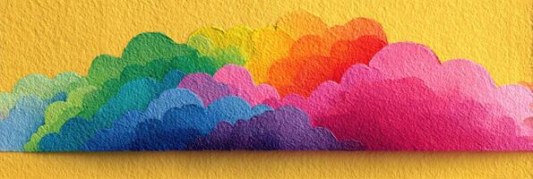 Brightly colored cloud art on a textured yellow background creates a cheerful atmosphere in a creative space photo