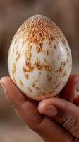 Unique textured egg held in hand showcases natural patterns and colors in a close-up view photo