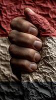 Clenched fist holding crumpled flag representing unity and strength in challenging times photo