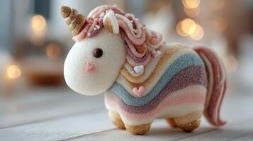 Cute unicorn figurine made of colorful soft materials on a wooden surface with blurred lights in the background photo
