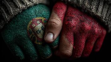 Children holding hands with painted flags of Portugal during a cultural celebration in a lively atmosphere photo
