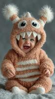 Happy baby wearing cute monster costume smiles for the camera during a joyful indoor photoshoot photo