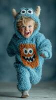 Child joyfully running in a fluffy monster costume during a playful indoor session photo