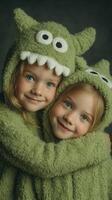 Sisters in matching green monster costumes share a warm embrace in a cozy setting photo