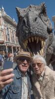 Elderly couple takes selfie with dinosaur statue in lively urban setting during daytime photo