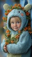 Child wearing a colorful animal costume adorned with flowers while standing near a wall in a vibrant, cheerful environment photo