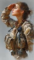 Soldier saluting during duty in military uniform with tactical gear in bright daylight photo