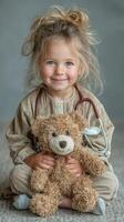Young child dressed as a doctor holds a teddy bear in a cozy indoor environment during a soft light setting photo