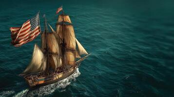 Historic sailing ship navigates through deep blue waters with American flags flying high, capturing maritime adventure in the open sea photo