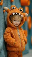 Child in orange monster costume poses against climbing wall in a playful indoor setting during daytime photo