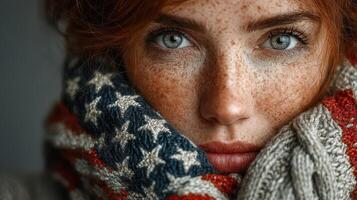 Freckled young woman wearing a cozy scarf with stars and stripes in a close-up portrait capturing sincere expression photo
